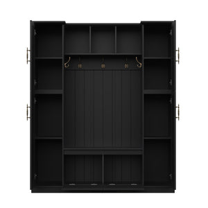 English Elm On-trend Farmhouse Hall Tree Beadboard Entryway Storage Bench with Six Cabinets Hooks Black N721S000082B
