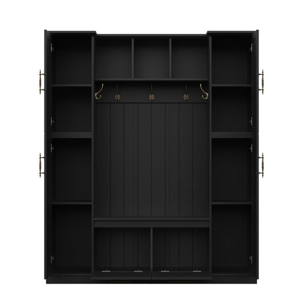 English Elm On-trend Farmhouse Hall Tree Beadboard Entryway Storage Bench with Six Cabinets Hooks Black N721S000082B
