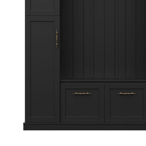 English Elm On-trend Farmhouse Hall Tree Beadboard Entryway Storage Bench with Six Cabinets Hooks Black N721S000082B