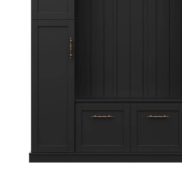 English Elm On-trend Farmhouse Hall Tree Beadboard Entryway Storage Bench with Six Cabinets Hooks Black N721S000082B