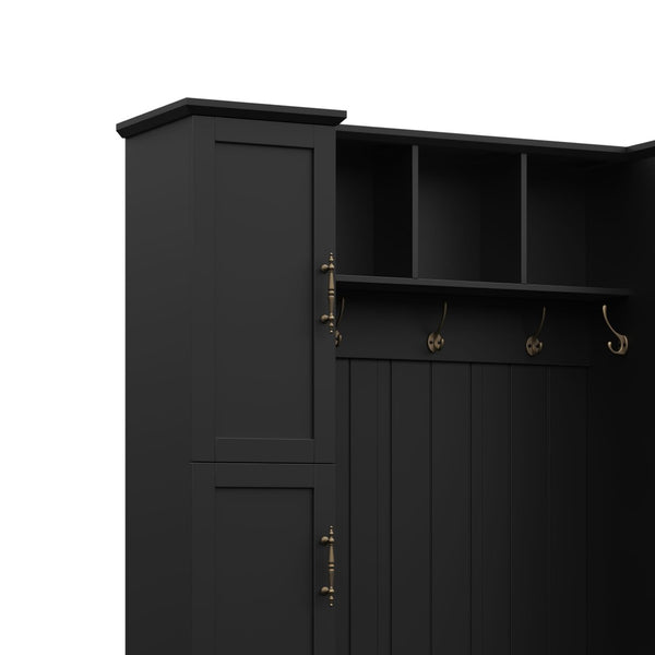 English Elm On-trend Farmhouse Hall Tree Beadboard Entryway Storage Bench with Six Cabinets Hooks Black N721S000082B