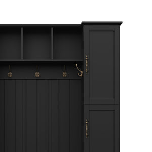 English Elm On-trend Farmhouse Hall Tree Beadboard Entryway Storage Bench with Six Cabinets Hooks Black N721S000082B
