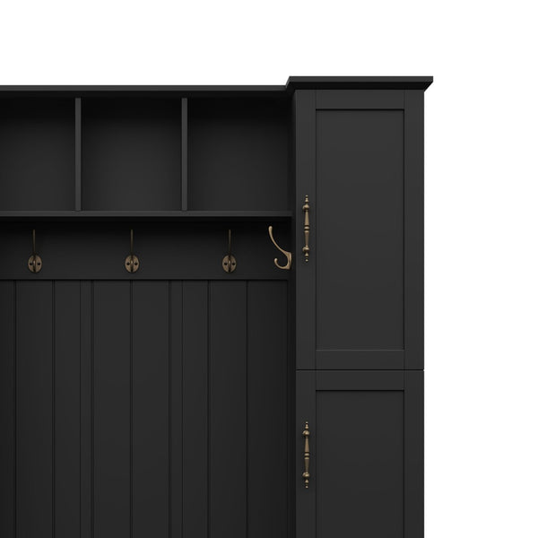 English Elm On-trend Farmhouse Hall Tree Beadboard Entryway Storage Bench with Six Cabinets Hooks Black N721S000082B