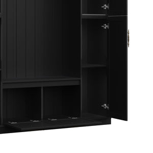 English Elm On-trend Farmhouse Hall Tree Beadboard Entryway Storage Bench with Six Cabinets Hooks Black N721S000082B