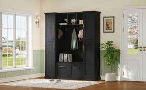 English Elm On-trend Farmhouse Hall Tree Beadboard Entryway Storage Bench with Six Cabinets Hooks Black N721S000082B