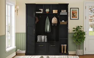 English Elm On-trend Farmhouse Hall Tree Beadboard Entryway Storage Bench with Six Cabinets Hooks Black N721S000082B