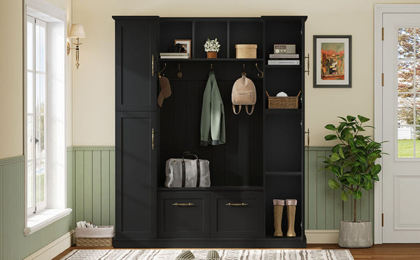 English Elm On-trend Farmhouse Hall Tree Beadboard Entryway Storage Bench with Six Cabinets Hooks Black N721S000082B