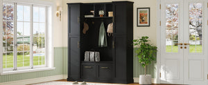 English Elm On-trend Farmhouse Hall Tree Beadboard Entryway Storage Bench with Six Cabinets Hooks Black N721S000082B