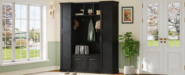 English Elm On-trend Farmhouse Hall Tree Beadboard Entryway Storage Bench with Six Cabinets Hooks Black N721S000082B
