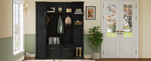 English Elm On-trend Farmhouse Hall Tree Beadboard Entryway Storage Bench with Six Cabinets Hooks Black N721S000082B
