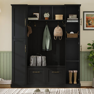 English Elm On-trend Farmhouse Hall Tree Beadboard Entryway Storage Bench with Six Cabinets Hooks Black N721S000082B
