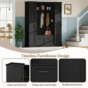 English Elm On-trend Farmhouse Hall Tree Beadboard Entryway Storage Bench with Six Cabinets Hooks Black N721S000082B