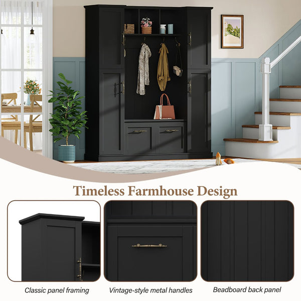 English Elm On-trend Farmhouse Hall Tree Beadboard Entryway Storage Bench with Six Cabinets Hooks Black N721S000082B