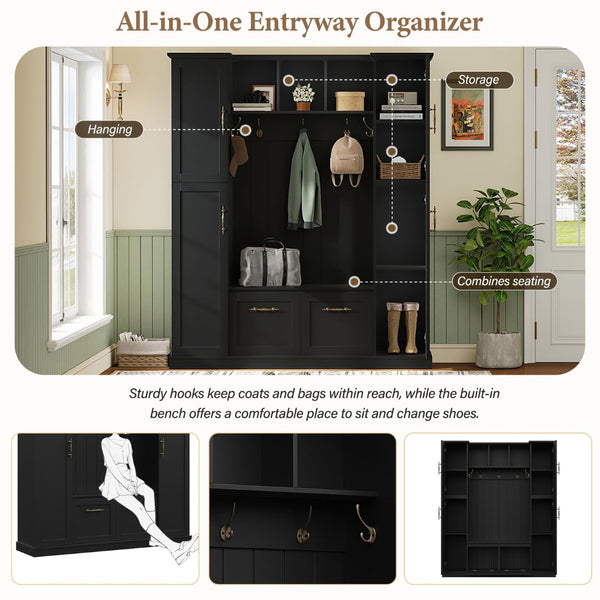 English Elm On-trend Farmhouse Hall Tree Beadboard Entryway Storage Bench with Six Cabinets Hooks Black N721S000082B