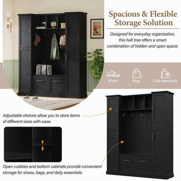 English Elm On-trend Farmhouse Hall Tree Beadboard Entryway Storage Bench with Six Cabinets Hooks Black N721S000082B