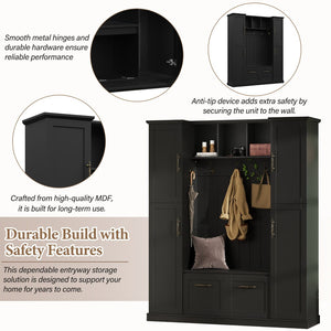 English Elm On-trend Farmhouse Hall Tree Beadboard Entryway Storage Bench with Six Cabinets Hooks Black N721S000082B