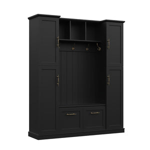 English Elm On-trend Farmhouse Hall Tree Beadboard Entryway Storage Bench with Six Cabinets Hooks Black N721S000082B