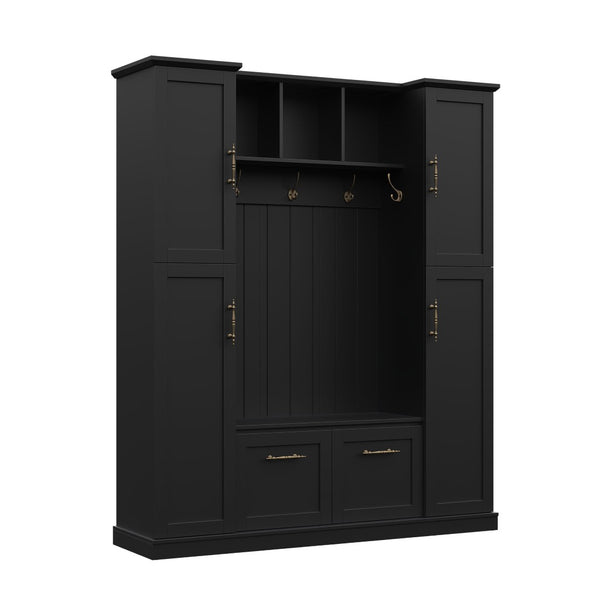 English Elm On-trend Farmhouse Hall Tree Beadboard Entryway Storage Bench with Six Cabinets Hooks Black N721S000082B