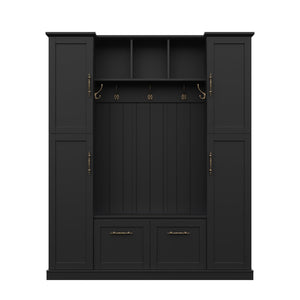 English Elm On-trend Farmhouse Hall Tree Beadboard Entryway Storage Bench with Six Cabinets Hooks Black N721S000082B