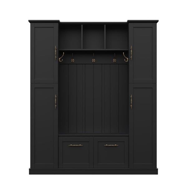 English Elm On-trend Farmhouse Hall Tree Beadboard Entryway Storage Bench with Six Cabinets Hooks Black N721S000082B