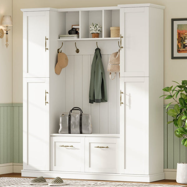 English Elm On-trend Farmhouse Hall Tree Beadboard Entryway Storage Bench with Six Cabinets Hooks White N721S000082K