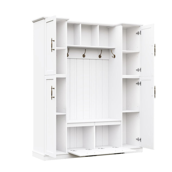 English Elm On-trend Farmhouse Hall Tree Beadboard Entryway Storage Bench with Six Cabinets Hooks White N721S000082K