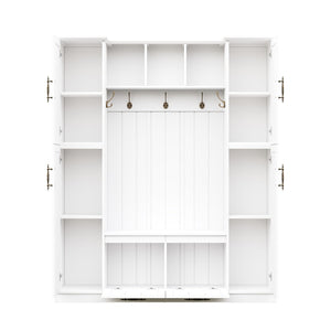 English Elm On-trend Farmhouse Hall Tree Beadboard Entryway Storage Bench with Six Cabinets Hooks White N721S000082K