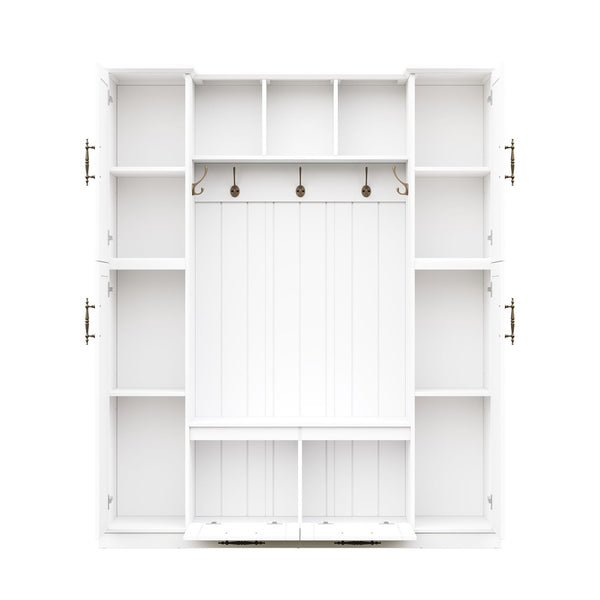 English Elm On-trend Farmhouse Hall Tree Beadboard Entryway Storage Bench with Six Cabinets Hooks White N721S000082K