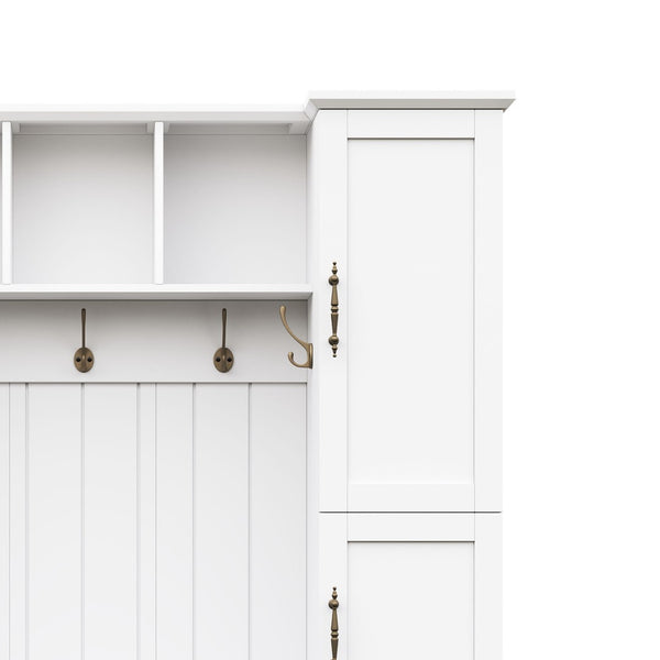 English Elm On-trend Farmhouse Hall Tree Beadboard Entryway Storage Bench with Six Cabinets Hooks White N721S000082K