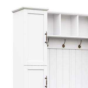 English Elm On-trend Farmhouse Hall Tree Beadboard Entryway Storage Bench with Six Cabinets Hooks White N721S000082K