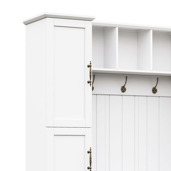 English Elm On-trend Farmhouse Hall Tree Beadboard Entryway Storage Bench with Six Cabinets Hooks White N721S000082K