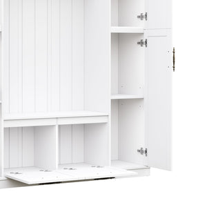 English Elm On-trend Farmhouse Hall Tree Beadboard Entryway Storage Bench with Six Cabinets Hooks White N721S000082K