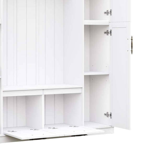 English Elm On-trend Farmhouse Hall Tree Beadboard Entryway Storage Bench with Six Cabinets Hooks White N721S000082K