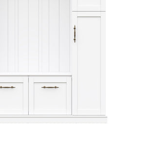 English Elm On-trend Farmhouse Hall Tree Beadboard Entryway Storage Bench with Six Cabinets Hooks White N721S000082K