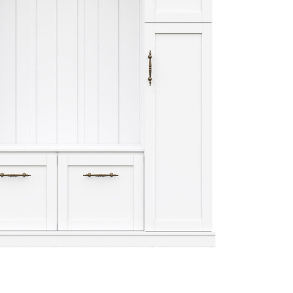 English Elm On-trend Farmhouse Hall Tree Beadboard Entryway Storage Bench with Six Cabinets Hooks White N721S000082K