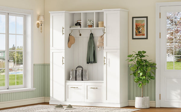 English Elm On-trend Farmhouse Hall Tree Beadboard Entryway Storage Bench with Six Cabinets Hooks White N721S000082K