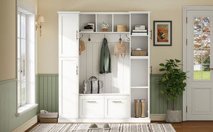 English Elm On-trend Farmhouse Hall Tree Beadboard Entryway Storage Bench with Six Cabinets Hooks White N721S000082K