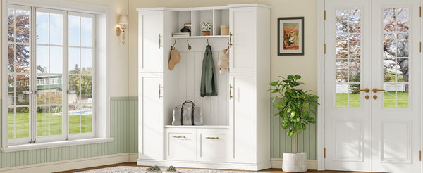 English Elm On-trend Farmhouse Hall Tree Beadboard Entryway Storage Bench with Six Cabinets Hooks White N721S000082K