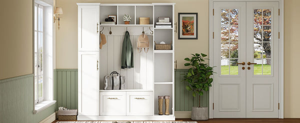 English Elm On-trend Farmhouse Hall Tree Beadboard Entryway Storage Bench with Six Cabinets Hooks White N721S000082K