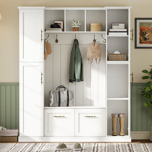 English Elm On-trend Farmhouse Hall Tree Beadboard Entryway Storage Bench with Six Cabinets Hooks White N721S000082K