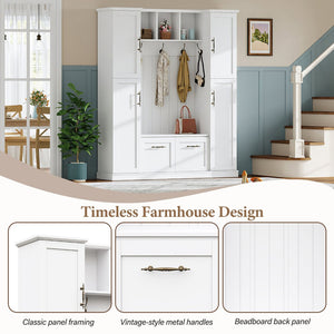 English Elm On-trend Farmhouse Hall Tree Beadboard Entryway Storage Bench with Six Cabinets Hooks White N721S000082K