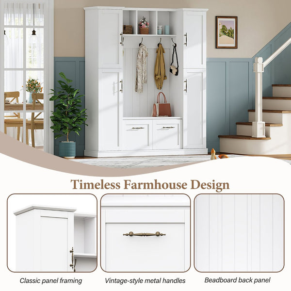 English Elm On-trend Farmhouse Hall Tree Beadboard Entryway Storage Bench with Six Cabinets Hooks White N721S000082K