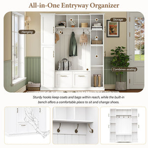 English Elm On-trend Farmhouse Hall Tree Beadboard Entryway Storage Bench with Six Cabinets Hooks White N721S000082K