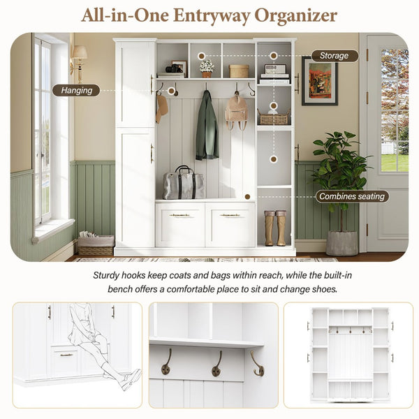 English Elm On-trend Farmhouse Hall Tree Beadboard Entryway Storage Bench with Six Cabinets Hooks White N721S000082K