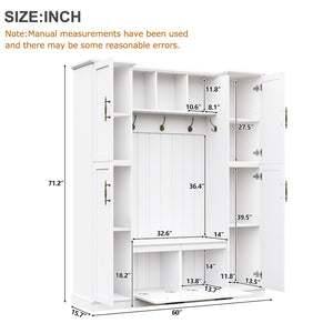 English Elm On-trend Farmhouse Hall Tree Beadboard Entryway Storage Bench with Six Cabinets Hooks White N721S000082K
