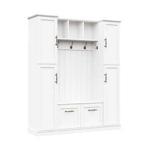 English Elm On-trend Farmhouse Hall Tree Beadboard Entryway Storage Bench with Six Cabinets Hooks White N721S000082K