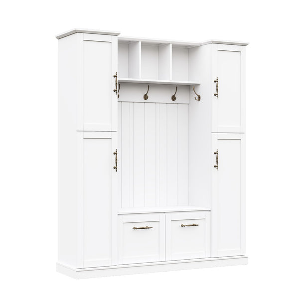 English Elm On-trend Farmhouse Hall Tree Beadboard Entryway Storage Bench with Six Cabinets Hooks White N721S000082K