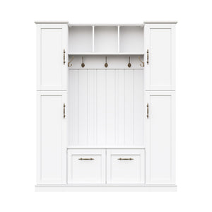English Elm On-trend Farmhouse Hall Tree Beadboard Entryway Storage Bench with Six Cabinets Hooks White N721S000082K