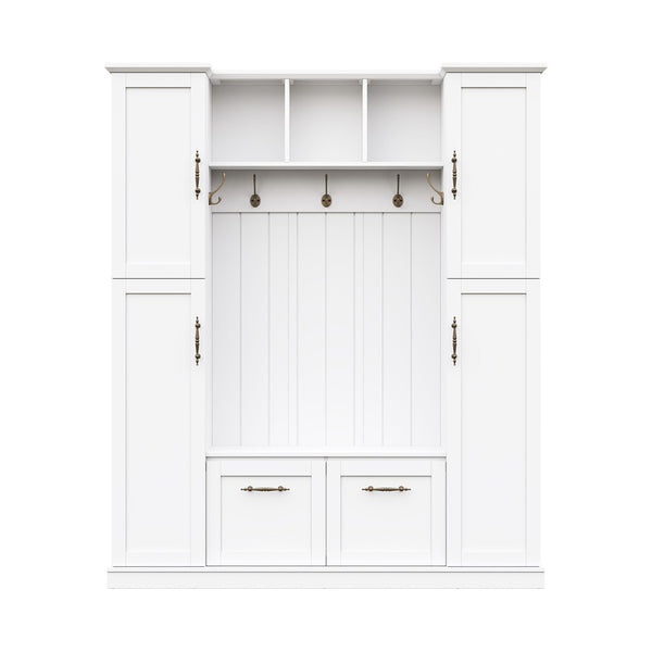 English Elm On-trend Farmhouse Hall Tree Beadboard Entryway Storage Bench with Six Cabinets Hooks White N721S000082K