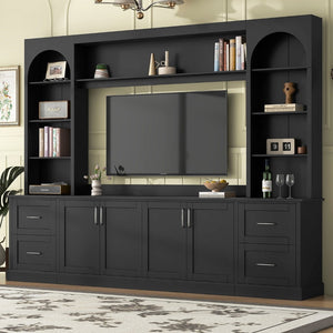 English Elm Modern Arched Wall Unit Entertainment Center with Drawers and Adjustable Shelves Black N721S000083B